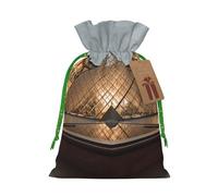 Louvre Museum in Paris Printed Christmas Drawstring Bags Reusable Xmas Bag for Party Xmas Gift Wrapping, Green Ribbon, M