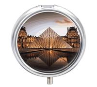 Louvre Museum in Paris Travel Pill Box Case 3 Compartment Cute Pill Organizer Metal Pill Holder with Mirror Small Medicine Organizer Daily Pill Container for Purse Pocket Portable Meds Box