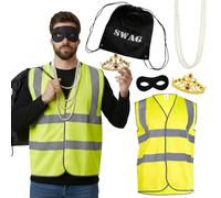 Louvre Robber Costume Set - 5-Piece Funny Museum Heist Fancy Dress Outfit with High-Vis Vest, Burglar Mask, Robber’s Bag, Pearl Necklace & Tiara Crown for Adults - Large