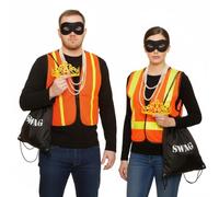 Louvre Robbers Duo Costume Set - Includes 2 x High-Vis Vests, 2 x Burglar Masks, 2 x Robber Bags, 2 x Pearl Bead Necklaces & 2 x Tiara Crowns - Funny Fancy Dress Duo Outfit for Couples & Adults