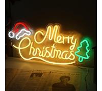 Louxiar Merry Christmas Neon Sign, 16.7 * 7.9Inch Christmas Decorations with Xmas Tree and Santa Hat, USB Powered Neon Christmas Lights Warm White LEDs for Wall Window Bedroom Living Room Home