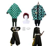LOUYBCT Anime Kamado Tanjirou Cosplay Costume with Wig Girls Fancy Dress Outfits T-Shirt Shorts Full Set Uniform Role Play Clothes for Dance Stage Carnival Halloween Christmas Party Carnival