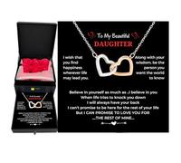 LOVAMILY Daughter Necklace Gift from Mom Dad Interlock Heart Pendant with Message Card in Red Eternity Rose Flower Box Present on Birthday Mother's Day Christmas Graduation Mother Father