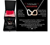LOVAMILY Daughter Necklace Gift from Mom Dad Interlock Heart Pendant with Message Card in Red Eternity Rose Flower Box Present on Birthday Mother's Day Christmas Graduation Mother Father