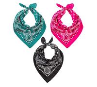 LOVARZI Bandana for Men & Women - Black, Pink, Teal Set of 3 Bandanas - Headband Cotton Bandanas Paisley Scarf - Sports Camping Cowboy Accessory