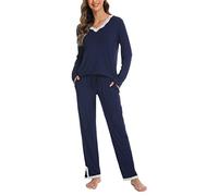 Lovasy 2 Pieces Womens Pyjamas Sets,navy blue,XXL