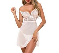 Lovasy Babydoll Lingerie for Women Lace Lingerie Dress Strap Mesh Baby Dolls, Chemises & Negligees Sexy Nighties Nightdress Mini Baby Doll Dress with G-String,White,L