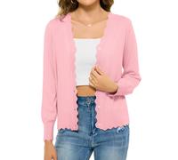 Lovasy Cardigans for Women UK Long Sleeve V Neck Button Down Women's Cardigans Summer Lightweight Ladies Cardigan Scalloped Edge Knit Ladies Black Navy White Cardigan Size 16 18 14,Light Pink,S