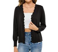 Lovasy Cardigans for Women UK Long Sleeve V Neck Button Down Women's Cardigans Summer Lightweight Ladies Cardigan Scalloped Edge Knit Ladies Black Navy White Cardigan Size 16 18 14,Black,M