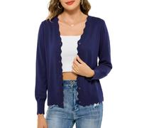 Lovasy Cardigans for Women UK Long Sleeve V Neck Button Down Women's Cardigans Summer Lightweight Ladies Cardigan Scalloped Edge Knit Ladies Black Navy White Cardigan Size 16 18 14,Navy Blue,M