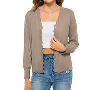 Lovasy Cardigans for Women UK Long Sleeve V Neck Button Down Women's Cardigans Summer Lightweight Ladies Cardigan Scalloped Edge Knit Ladies Black Navy White Cardigan Size 16 18 14,Khaki,M