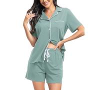 Lovasy Cotton Ladies Pyjamas Button Down Womens Pjs for Women Sets Short Sleeve Women’s Pyjama Sets Classic Pajamas for Women UK with Pockets,Light Green,XXL