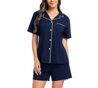 Lovasy Cotton Ladies Pyjamas with Pockets, Classic Womens Pyjama Sets, Soft Pjs for Women, Short Sleeve Sets, Navy Blue, XXL