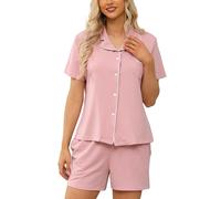Lovasy Cotton Ladies Pyjamas with Pockets, Soft Button Down Pjs for Women, Classic Sets, Short Sleeve, Pink, XL