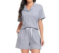 Lovasy Cotton Ladies Pyjamas with Pockets, Soft Button Down Pjs for Women Sets, Classic Short Sleeve Women’s Pjs, Light Grey, XL
