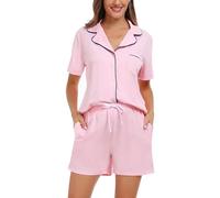 Lovasy Cotton Ladies Pyjamas with Pockets, Soft Button Down Womens Pjs Sets, Classic Short Sleeve Women’s Pyjama Sets, Light Pink, UK