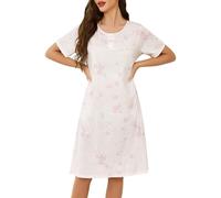 Lovasy Cotton Nightdresses for Women UK Button Front Nighties for Women Soft Ladies Nighties Nightshirts Short Sleeve Floral Print Womens Night Dress with Pockets,Light Pink,L