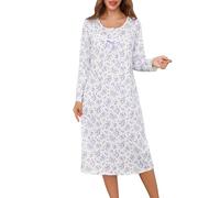 Lovasy Cotton Nightdresses for Women UK Long Nighties for Women Button Front Ladies Nighty Long Sleeve Nightshirts Soft Night Dress with Pockets,Lilac,XXL
