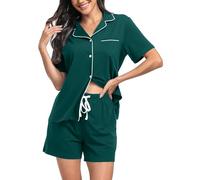 Lovasy Cotton Pyjamas for Women - Button Down Short Sleeve PJs Set With Pockets, Classic Ladies Pajamas, Soft, Green, XXL