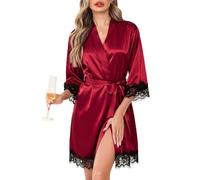 Lovasy Dressing Gown Womens Satin Robe Silk Dressing Gown for Women UK Summer Ladies Kimono Dressing Gowns Lightweight Bride Bridesmaid Silky Robes with Lace Trim,Purplish Red,L