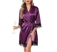 Lovasy Dressing Gown Womens Satin Robe Silk Dressing Gown for Women UK Summer Ladies Kimono Dressing Gowns Lightweight Bride Bridesmaid Silky Robes with Lace Trim,Dark Purple,L