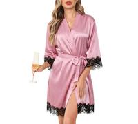 Lovasy Dressing Gown Womens Satin Robe Silk Dressing Gown for Women UK Summer Ladies Kimono Dressing Gowns Lightweight Bride Bridesmaid Silky Robes with Lace Trim,Dusky Rose,L