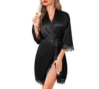 Lovasy Dressing Gown Womens Satin Robe Silk Dressing Gown for Women UK Summer Ladies Kimono Dressing Gowns Lightweight Bride Bridesmaid Silky Robes with Lace Trim,Black,S
