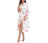 Lovasy Dressing Gowns for Women UK Long Women's Robe Soft Ladies Kimono Dressing Gowns Lightweight Knit Bath Robes for Women Loungewear Nightwear with Pocket for All Seasons,Floral White,S