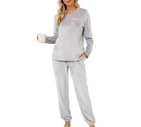Lovasy Fleece Pyjamas for Women Warm Womens Pyjama Sets Ladies Fluffy fleece Pyjamas Twosie Fluffy Pjs for Women Sets Soft Fluffy Loungewear with Pockets for Winter,Grey White,S
