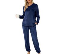 Lovasy Fleece Pyjamas for Women Warm Womens Pyjama Sets Ladies Fluffy fleece Pyjamas Twosie Fluffy Pjs for Women Sets Soft Fluffy Loungewear with Pockets for Winter,Navy Blue,XL