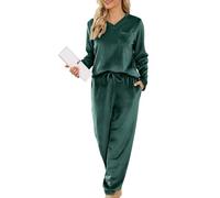 Lovasy Fleece Pyjamas for Women Warm Womens Pyjama Sets Ladies Fluffy fleece Pyjamas Twosie Fluffy Pjs for Women Sets Soft Fluffy Loungewear with Pockets for Winter,Dark Green,M