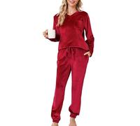 Lovasy Fleece Pyjamas for Women Warm Womens Pyjama Sets Ladies Fluffy fleece Pyjamas Twosie Fluffy Pjs for Women Sets Soft Fluffy Loungewear with Pockets for Winter,Wine Red,XL