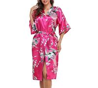 Lovasy Kimono Dressing Gowns Satin Kimono Robe Peacock and Blossoms Silk Dressing Gown for Women UK Long Silk Bride and Bridesmaid Robes,Rose Red,XL