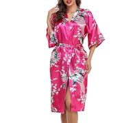 Lovasy Kimono Dressing Gowns Satin Kimono Robe Peacock and Blossoms Silk Dressing Gown for Women UK Long Silk Bride and Bridesmaid Robes,Rose Red,XXL