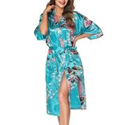 Lovasy Kimono Dressing Gowns Satin Kimono Robe Peacock and Blossoms Silk Dressing Gown for Women UK Long Silk Bride and Bridesmaid Robes,Lake Blue,S