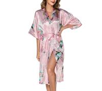 Lovasy Kimono Dressing Gowns Satin Kimono Robe Peacock and Blossoms Silk Dressing Gown for Women UK Long Silk Bride and Bridesmaid Robes,Pink,L