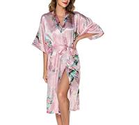 Lovasy Kimono Dressing Gowns Satin Kimono Robe Peacock and Blossoms Silk Dressing Gown for Women UK Long Silk Bride and Bridesmaid Robes,Pink,M