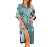 Lovasy Kimono Dressing Gowns Satin Kimono Robe Silk Dressing Gown for Women UK Long Silk Bride and Bridesmaid Robes,Grey Green,S
