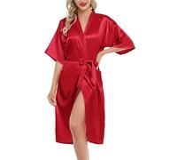 Lovasy Kimono Dressing Gowns Satin Kimono Robe Silk Dressing Gown for Women UK Long Silk Bride and Bridesmaid Robes,Red,L