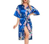 Lovasy Kimono Dressing Gowns Satin Kimono Robe Silk Dressing Gown for Women UK Long Silk Bride and Bridesmaid Robes,Royal Blue,L