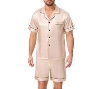 Lovasy Mens Pyjamas Set Button Down Pyjama for Men Short Sleeve Pjs Set 2 Piece Men's Silk Satin Pyjamas Soft Summer Short Pajamas Loungewear,Black,L