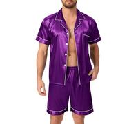 Lovasy Mens Pyjamas Set Button Down Pyjama for Men Short Sleeve Pjs Set 2 Piece Men's Silk Satin Pyjamas Soft Summer Short Pajamas Loungewear,Dark Purple,M