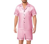 Lovasy Mens Pyjamas Set Button Down Pyjama for Men Short Sleeve Pjs Set 2 Piece Men's Silk Satin Pyjamas Soft Summer Short Pajamas Loungewear,Pink,XXL