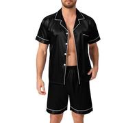 Lovasy Mens Pyjamas Set Button Down Pyjama for Men Short Sleeve Pjs Set 2 Piece Men's Silk Satin Pyjamas Soft Summer Short Pajamas Loungewear,Black,XL