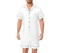 Lovasy Mens Pyjamas Set Button Down Pyjama for Men Short Sleeve Pjs Set 2 Piece Men's Silk Satin Pyjamas Soft Summer Short Pajamas Loungewear,White,L