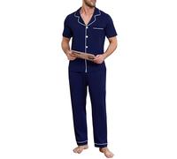 Lovasy Mens Pyjamas Set Cotton Pyjama for Men Soft Pjs Sets Classic Button Down Men's Pajamas with Pockets Cosy Loungewear - Sleepwear Gifts for Him,Navy Blue,XXL