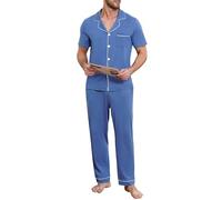 Lovasy Mens Pyjamas Set Cotton Pyjama for Men Soft Pjs Sets Classic Button Down Men's Pajamas with Pockets Cosy Loungewear - Sleepwear Gifts for Him,Blue,XXL