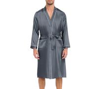 Lovasy Mens Silk Dressing Gown Lightweight Satin Robe for Men Summer Kimono Dressing Gown Long Sleeve Bathrobe Soft Spa Silky Robes with Belt and Pockets Loungewear Nightwear,Grey,L