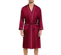 Lovasy Mens Silk Dressing Gown Lightweight Satin Robe for Men Summer Kimono Dressing Gown Long Sleeve Bathrobe Soft Spa Silky Robes with Belt and Pockets Loungewear Nightwear,Red,XXL