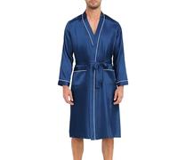 Lovasy Mens Silk Dressing Gown Lightweight Satin Robe for Men Summer Kimono Dressing Gown Long Sleeve Bathrobe Soft Spa Silky Robes with Belt and Pockets Loungewear Nightwear,Blue,M
